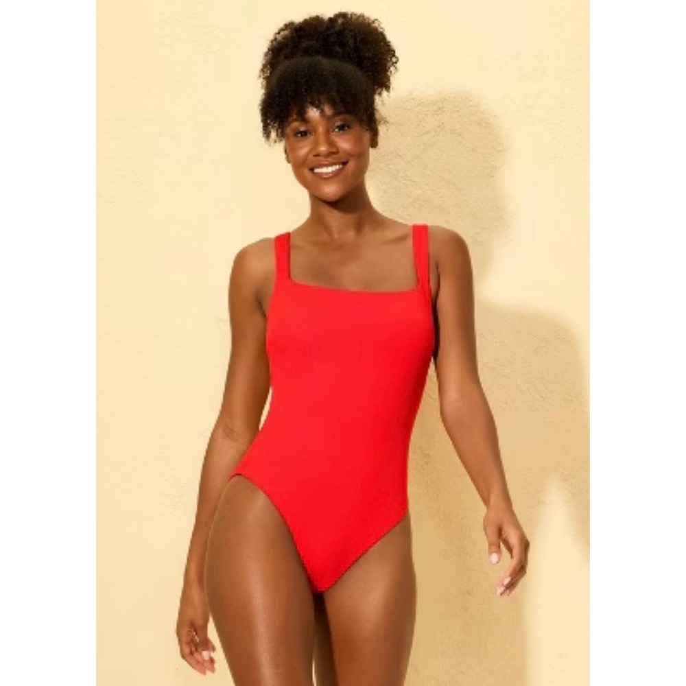 Womens Red Square Neck One Piece Swimsuit 8  Scoop Back beach minimalist‎ classy